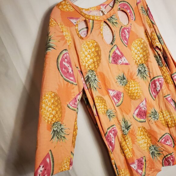 Now N Forever Watermelon/Pineapple Long Slv Cutout Neckline Orange Blouse Sz 2X - Picture 4 of 10